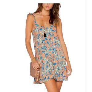 Free People Peach Floral Mini Dress with Blue & Cream Leaves
